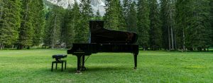 Yamaha Flügel Schwarzer Yamaha Flügel mit Wald und Berge Hintergrund