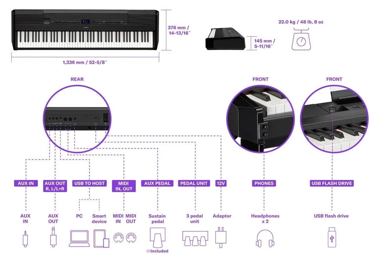 Yamaha P-525 Anschlüsse Yamaha P-525 Anschlüsse Maße